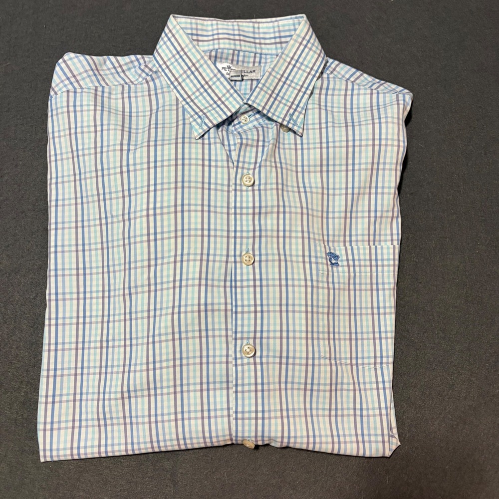 Peter Millar Button Down Mens Large Blue Plaid Summer Comfort Shirt Golf Relaxed